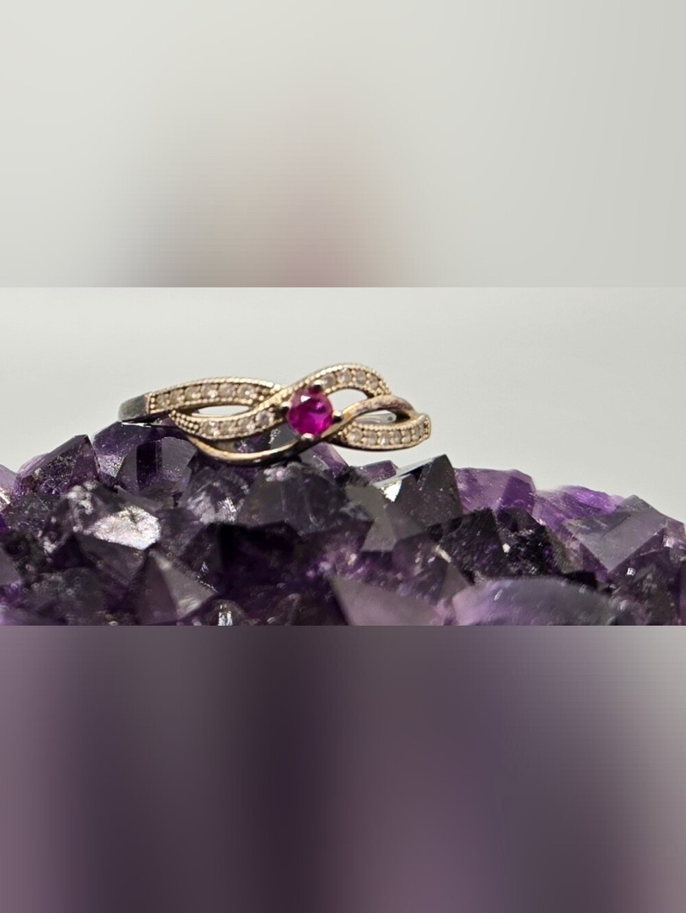 Sterling Ruby Ring 925 w/ Pavé Set CZs EUC Size 8